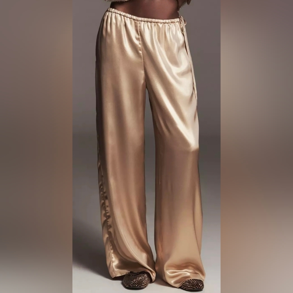 Anthropologie Liquid Shine Wide Leg Pants in Champagne Gold
